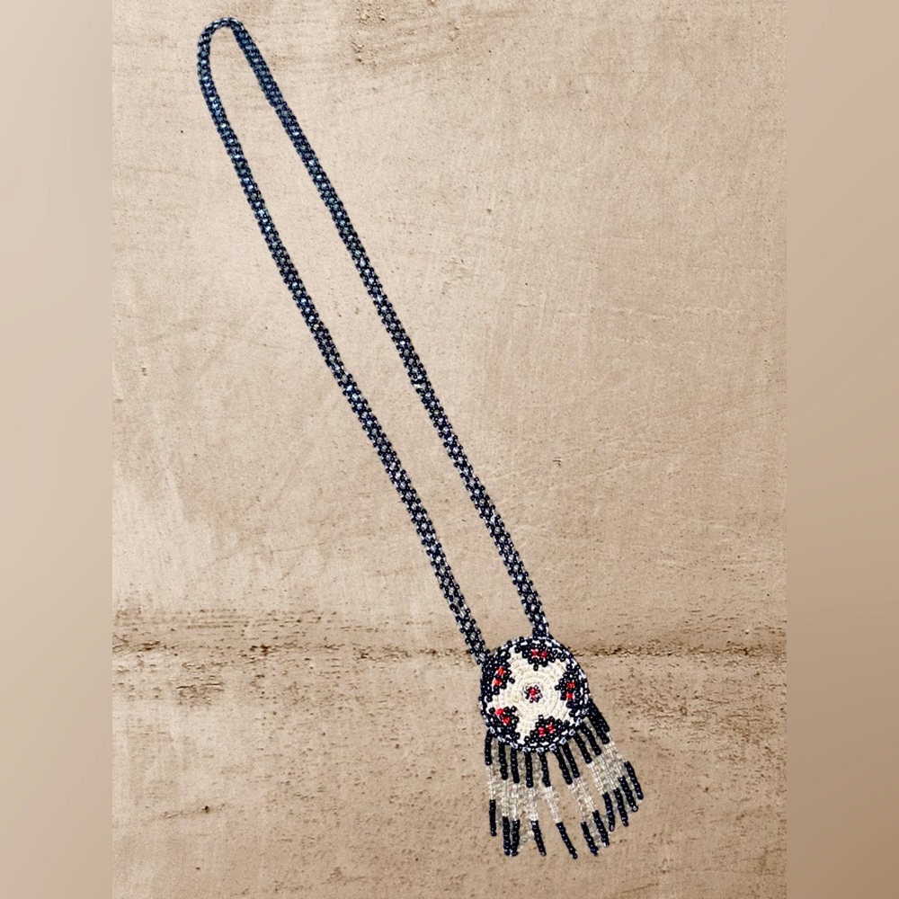 Vintage White/Clear Black Red Beaded Star Fringe Necklace Native 21”